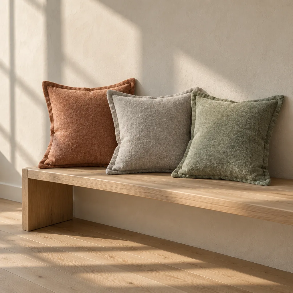 Three chenille cushions in clay, ash and sage leaning along a pale oak bench in late afternoon light.