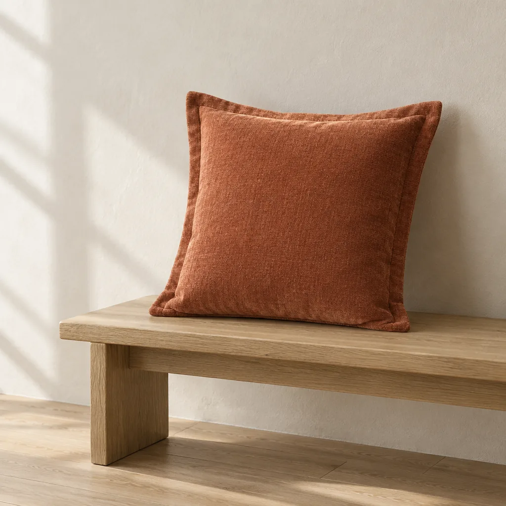 The Case in clay, a chenille cushion cover with a flanged edge, upright on a pale oak bench.