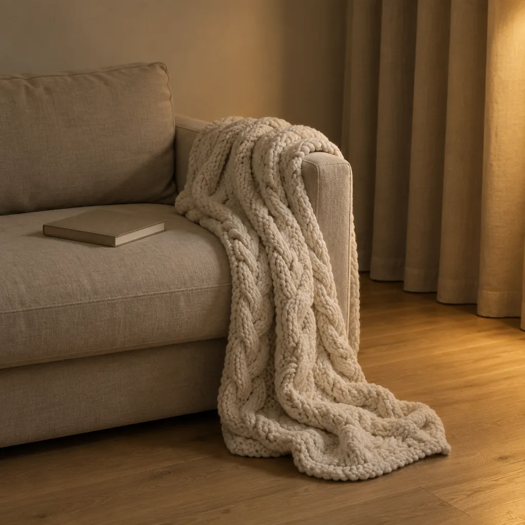 The Knit in bone thrown over the arm of a linen sofa in low evening light.