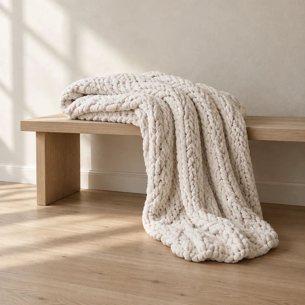 The Knit in bone, chunky chenille cables spilling off a pale oak bench onto the floor.