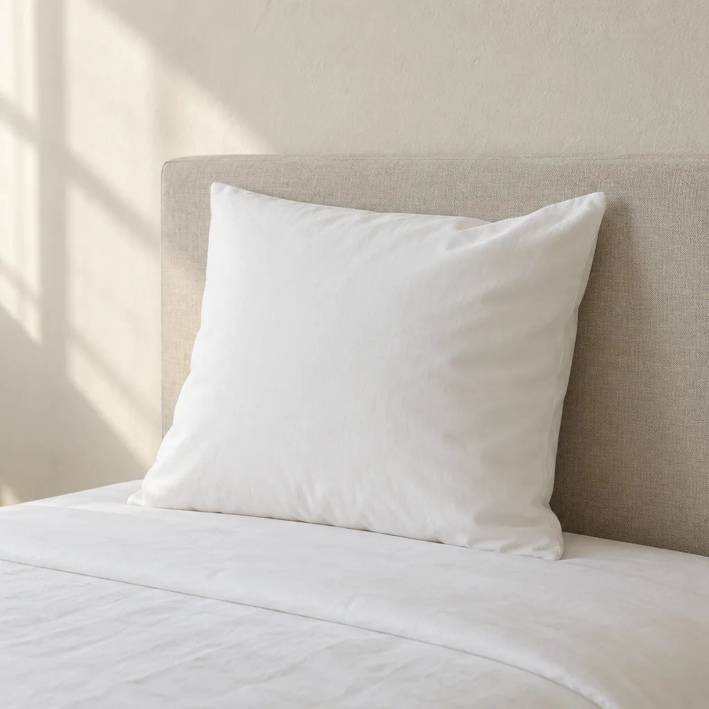 The Rest, a single bone pillow propped against a linen headboard on white bedding.