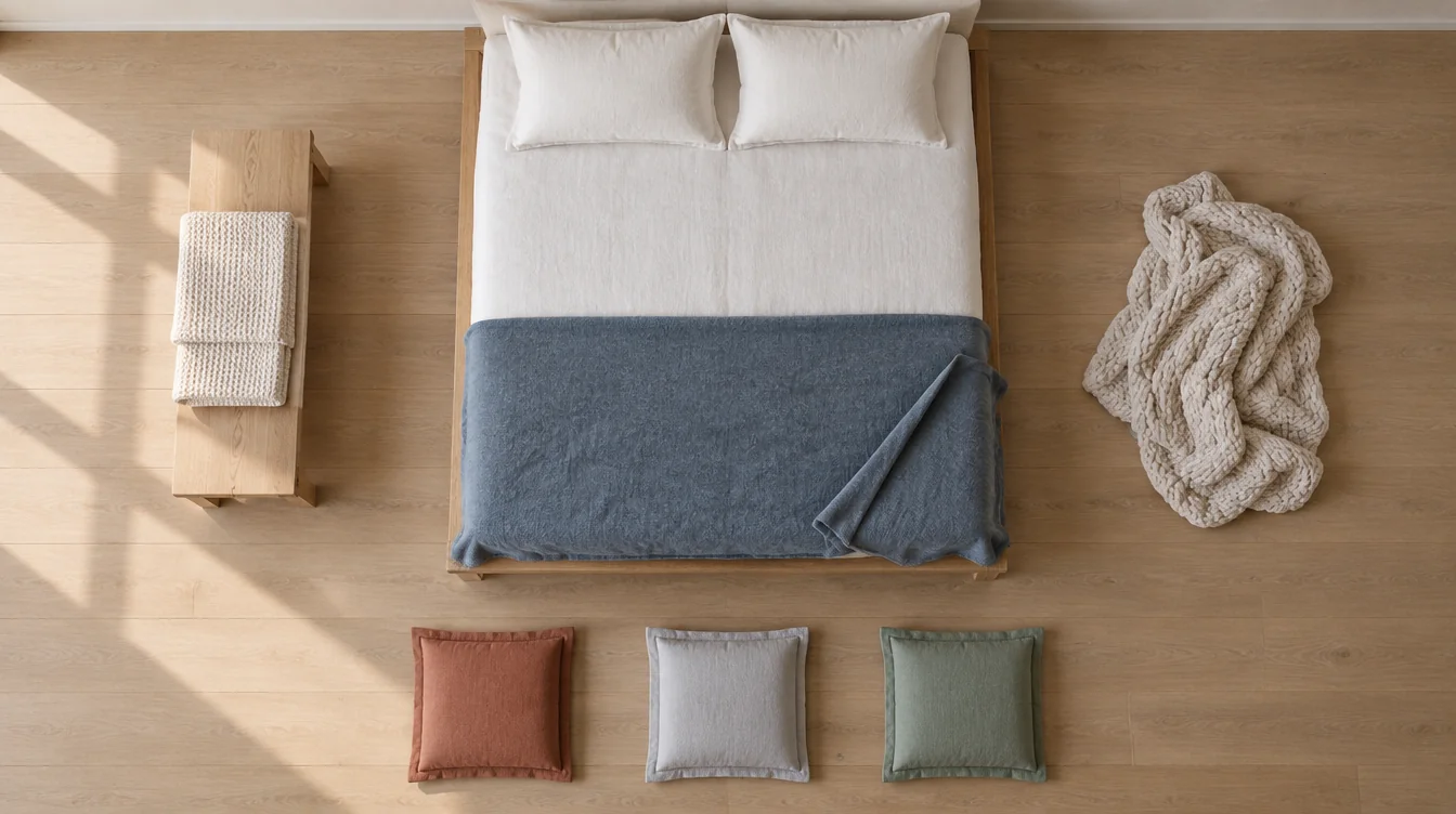A bedroom seen from directly above: a made oak bed with a slate blanket across its foot and two bone pillows at the head, a bone waffle blanket folded on a bench to the left, a bone chunky knit heaped on the floor to the right, and three cushion covers in clay, ash and sage laid in a row on the pale oak floor.
