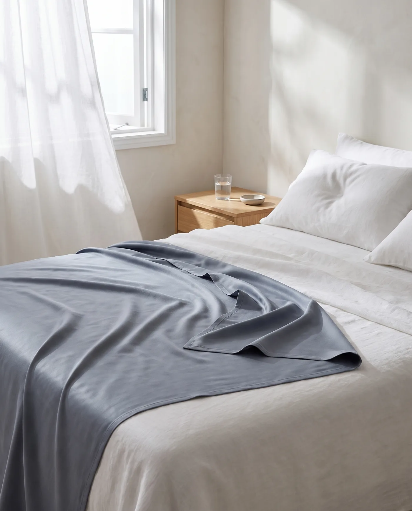 The slate bamboo blanket across the foot of a white bed by an open window.