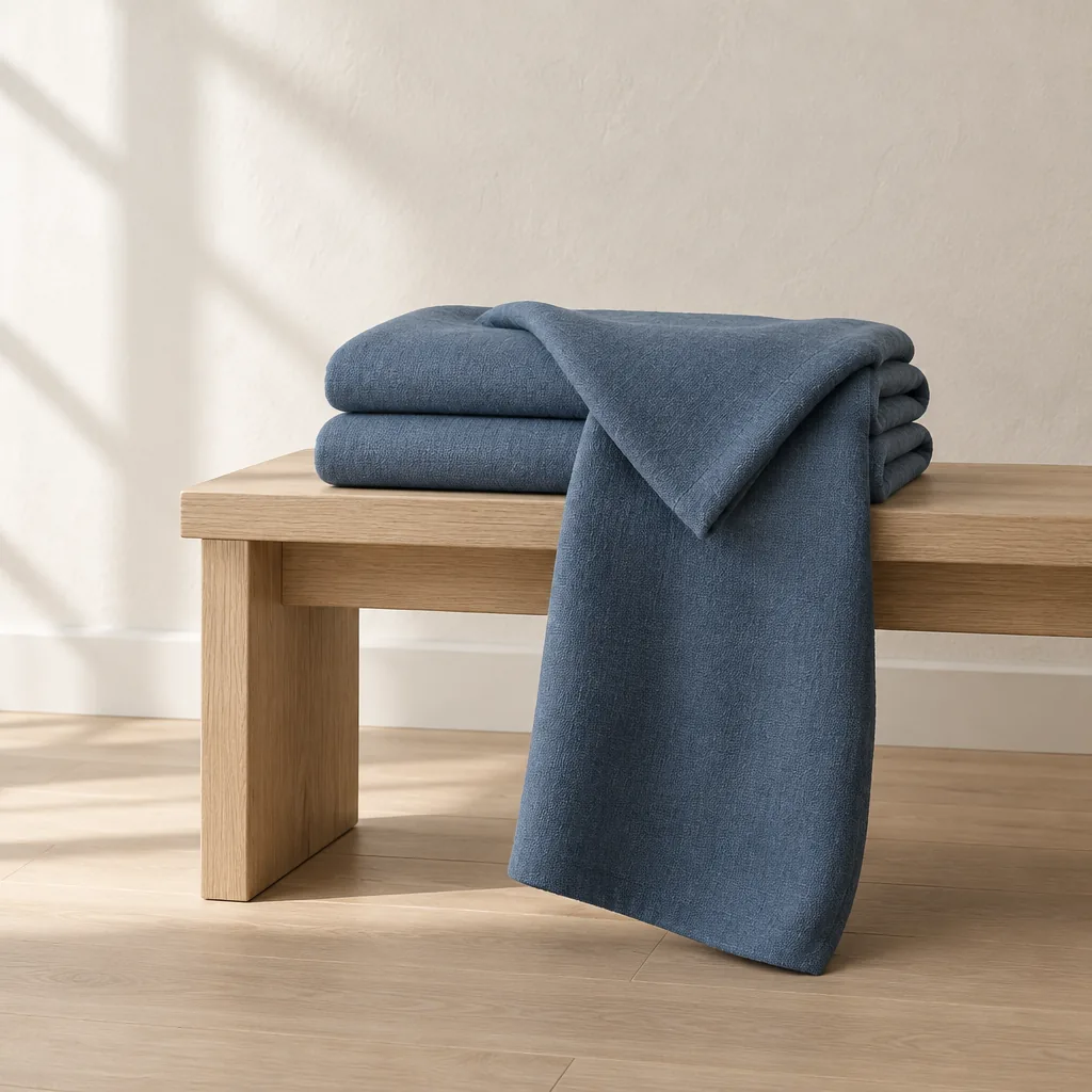The Still in slate, folded on a pale oak bench with one corner falling over the edge.
