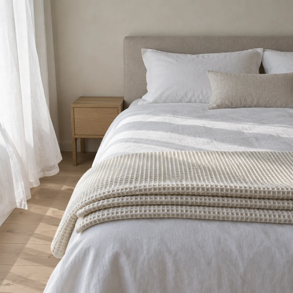 The Waffle in bone folded across the foot of a made white bed in early morning light.