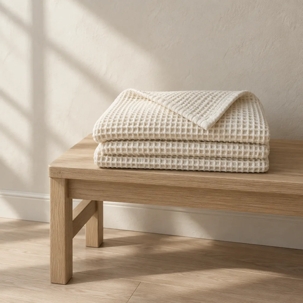The Waffle in bone, folded on a pale oak bench, the honeycomb weave open to the light.